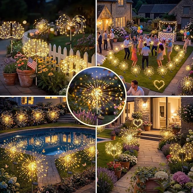 Solar Firework Lights Outdoor 2 Pack, 120LED Starburst Garden Lights Solar Powered with 8 Lighting Modes, Waterproof Decorative Lights for Flower, Walkways, Garden & Patio-Gifts for Women Mom