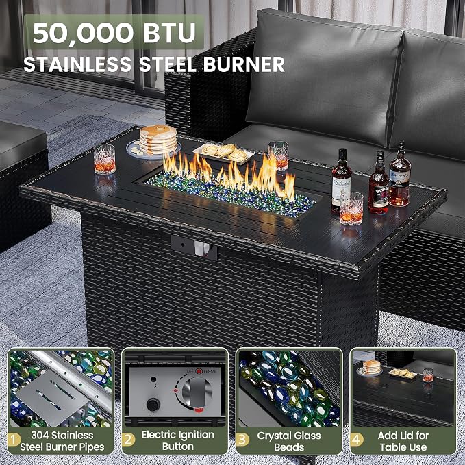 Amopatio 7 Pieces Patio Furniture Set with Fire Pit Table, All-Weather Wicker Outdoor Conversation Sofa Set with Glass Coffee Table, Cushions & Ottomans for Deck Backyard Porch Lawn Black/Dark Grey