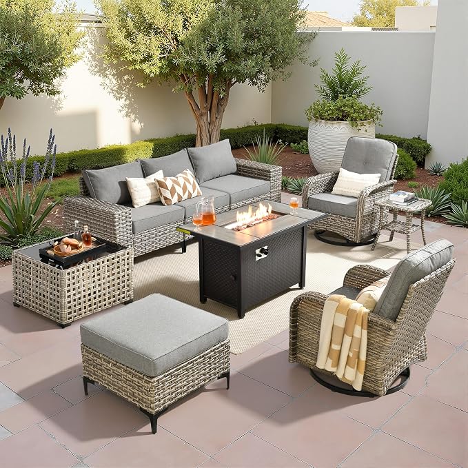 Patio Furniture Set,9 Pieces Outdoor Wicker Conversation Sets with 42 in Fire Pit Table,2 Wicker Rocking Chair & Coffee Table,Outdoor Sectional Sofa for Balcony Backyard Poolside Garden Lawn(Gray)