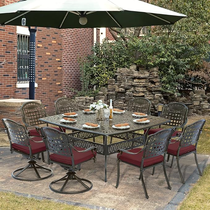 SOCIALCOMF 9-Piece Patio Cast Aluminum Dining Set, Outdoor Table and Chairs Set for 8, Includes 64" Large Square Dining Table, 6 Stationary, 2 Swivel Dining Chairs with Umbrella Hole, Red