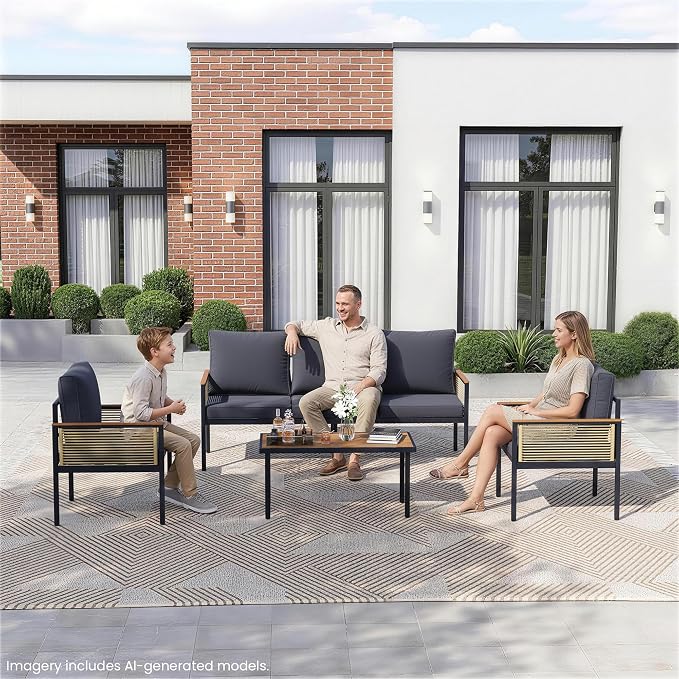 4 Pieces Patio Furniture Set, Outdoor Furniture Set with Table and Chairs, Metal Patio Conversation Sets with Thick Waterproof Cushions for Backyard, Garden, Poolside, Dark Grey (5 Seats)