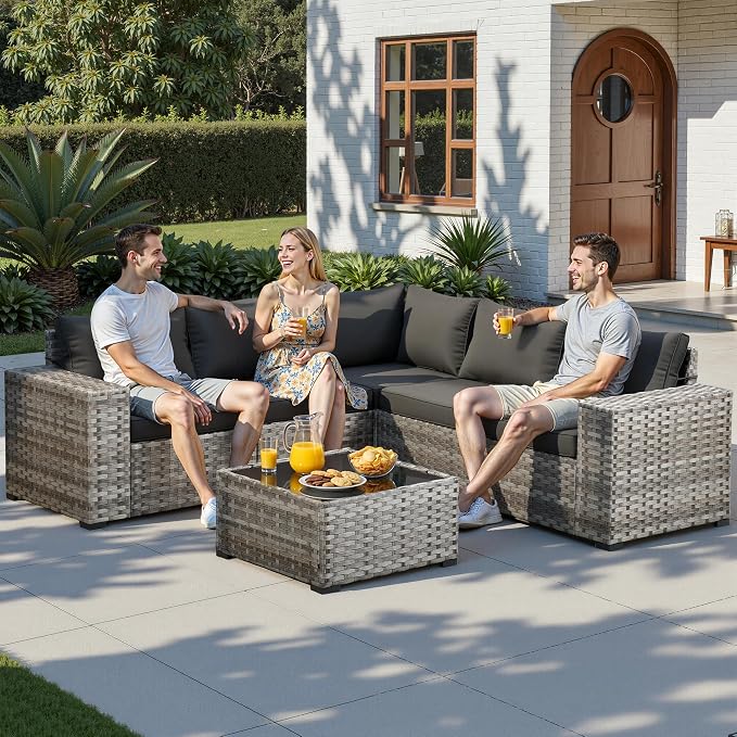 6 Pieces Patio Furniture Set, Outdoor Wicker Sectional Sofa with 7.7" Extra Wide Armrests, Modern Rattan Modular Conversation Set with Thickened Deep Seat Cushions & Coffee Table for Backyard, Black