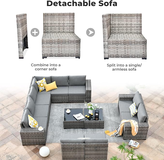 ovios 12 Pieces Patio Furniture Set, Outdoor Wicker Sectional Sofa with Coffee Table Comfy Cushions, Modern Modular Deep Seat Couch Rattan Conversation Set, Dark Grey