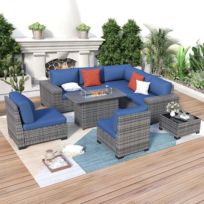 Patio Furniture with Fire Pit Table,8‘’ Wide armrest Outdoor Sectional Rattan Sofa Set, Wicker Patio Furniture Sets w/Coffee Table,Thick Cushions and Cover for Porch, Deck, 9 PC (Grey&Navy)