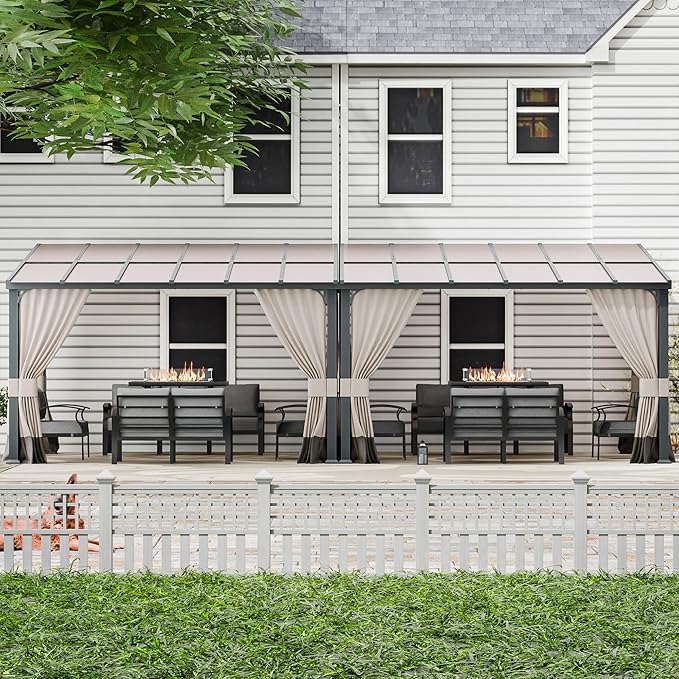 10' x 24' Lean to Gazebo,Large Wall Mount Heavy Duty Gazebos Pavilion,Outdoor Hardtop Pergola Shelter with Curtains and Netting,Sunshade for Patio Garden Lawn Backyard Deck,Brown