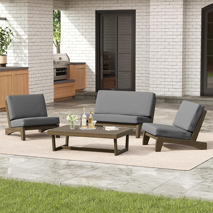 4 Pieces Patio Furniture Sets, All-Weather Outdoor Wood Bistro Set Patio Conversation Coffee Table Chiars and Patio Loveseat for Balcony, Backyard