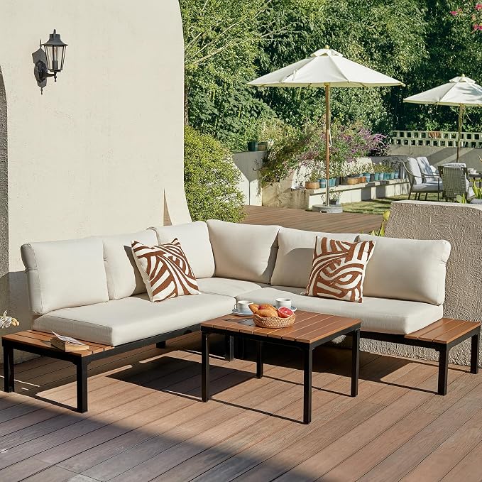 NATURAL EXPRESSIONS Outdoor Furniture Set, L Shape Patio Sectional, Metal Corner Couch Sofa Set with Side Tables, Detachable Backrest, Fauxwood Coffee Table, Beige Olefin Cushions for Garden Deck