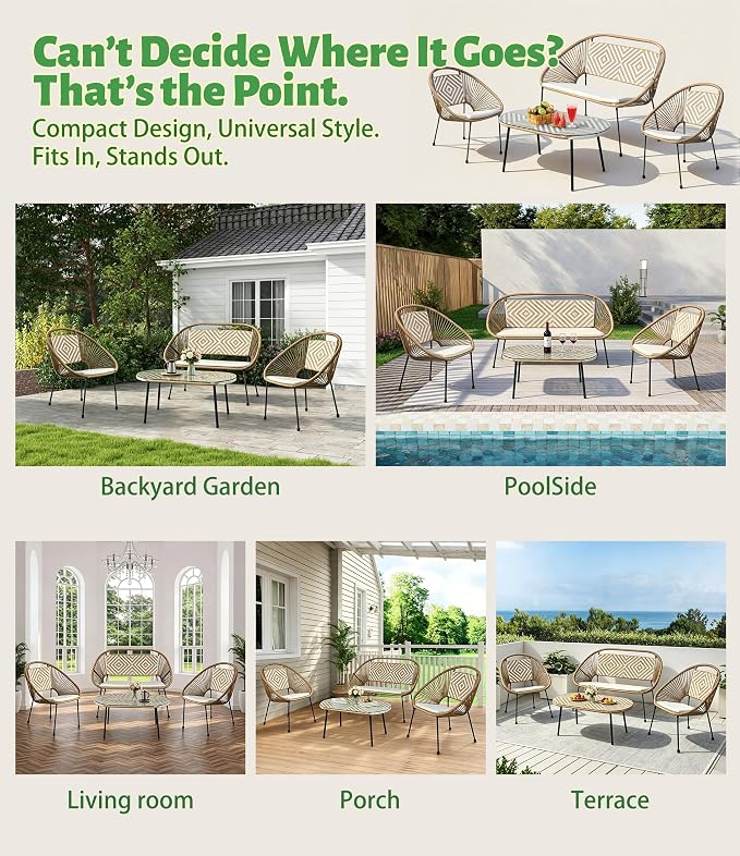 4-Piece Outdoor Patio Furniture Set, Wicker Sofa and Chairs with Cushions, PE Rattan All-Weather Conversation Set with Coffee Table for Backyard, Patio, Poolside, Garden, Deck, White