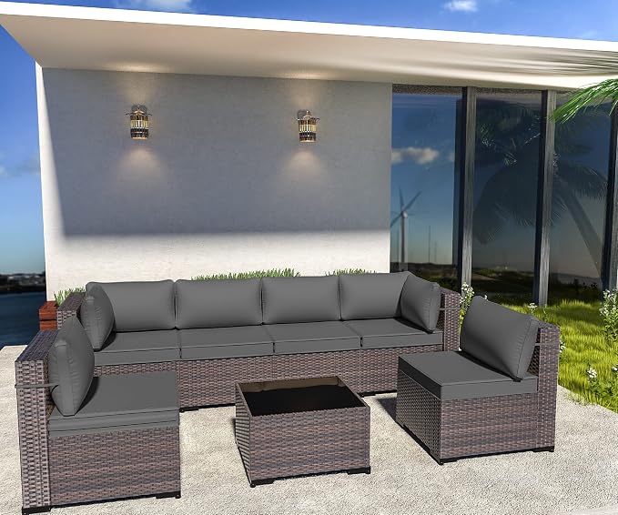 Outdoor Patio Furniture Set, 7 Pieces Outdoor Sectional Furniture Patio Sofa, All-Weather PE Rattan Patio Conversation Set with Tempered Glass Top Table & Cushions(Grey).