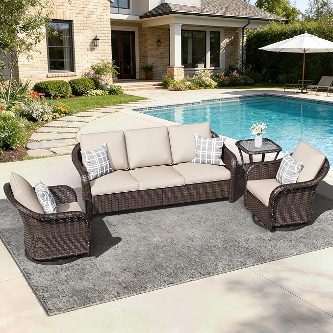 4 PCS Patio Conversation Set | 78" Couch, 2 Swivel Chairs, 1 Side Table, Outdoor Wicker Conversation Furniture with Removable Cushions for Bistro, Deck, Sunroom(Beige)