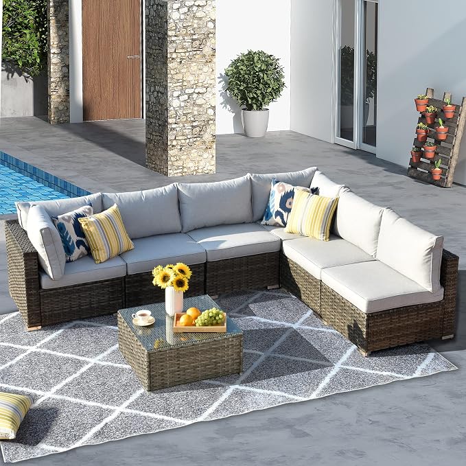 HOOOWOOO Patio Outdoor Sectional Furniture Sofa Set,7 Piece U Shaped Corner Wicker Rattan Couch Set,Rustic 6 Persons Summer Patio Conversation Set for Outside Porch Deck Garden(Light Gray)