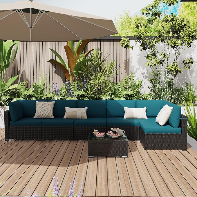 KIGOTY 7-Piece Patio Furniture Set, All-Weather PE Rattan Outdoor Sectional Sofa, Modular Wicker Conversation Set with Thick Cushions & Easy-Clean Coffee Table(Black/Blue)