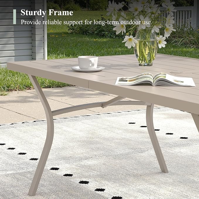 7 Pieces Patio Dining Set, 63" Outdoor Dining Table and Chairs Set for 6 Outdoor Furniture with Stackable Patio Chairs for Lawn Garden Backyard, Sandshell Table and Sandshell Chairs