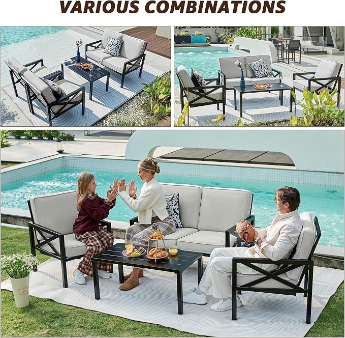 NATURAL EXPRESSIONS Outdoor Patio Furniture 4 Pieces Set, Modern Patio Conversation Sets, Outdoor Sectional Metal Sofa with 5.5 Inch Cushion and Coffee Table for Balcony, Garden