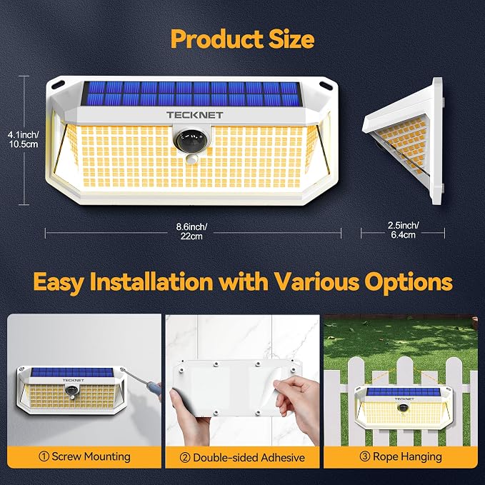TECKNET 416 LED Solar Lights Outdoor Motion Sensor Waterproof 4200lm,2 Pack | IP66 Waterproof, 300°Wide Angle & 3 Modes Motion Sensor Solar Flood Wall Lights for Patio, Fence, Deck, Garage & Street