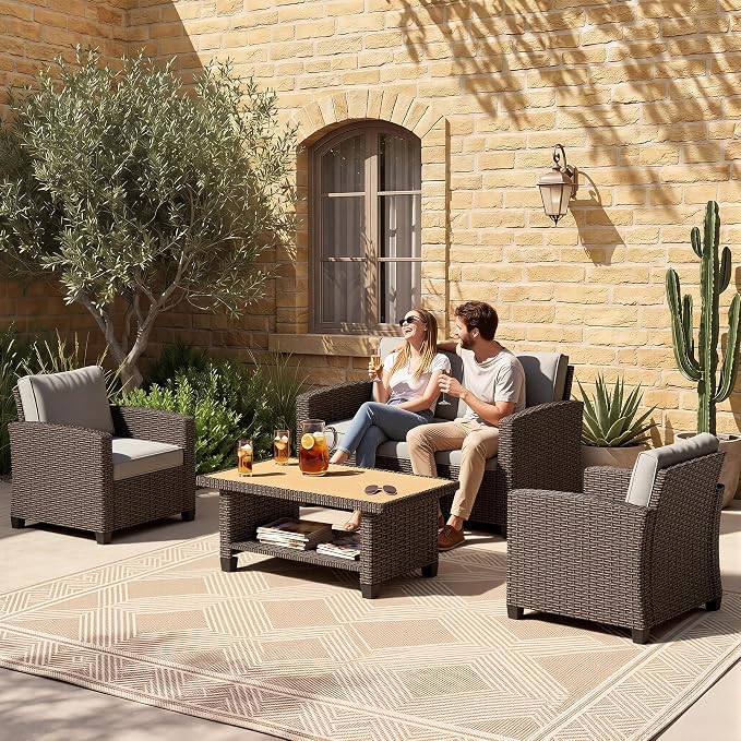 Patio Furniture Set - All-Weather - 4 Piece Wicker Outdoor Patio Conversation Set, Modular Rattan Sectional Sofa for Backyard, Garden, Patio, Poolside