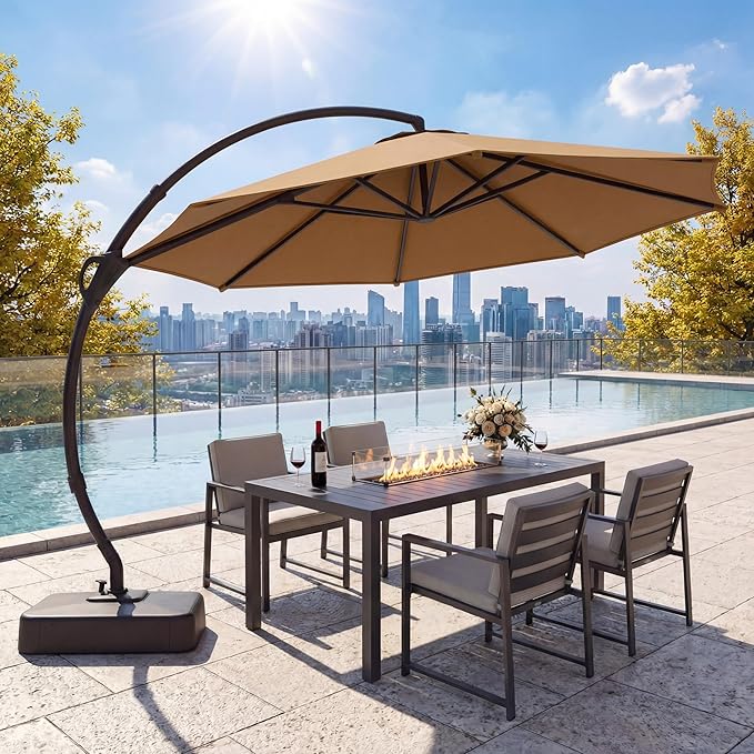 EO Living Outdoor Patio Umbrella with Base included, 11 FT Deluxe Curvy Cantilever Umbrella Heavy Duty Offset Hanging Umbrella with 360° Rotation for Pool, Garden, Backyard, Deck (Tan)