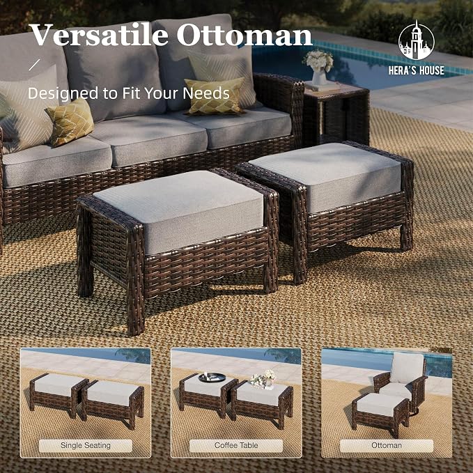 HERA'S HOUSE 8-Piece Patio Furniture Set with Swivel Chairs & Fire Pit, Outdoor High Back Wicker Conversation Sets with 5.5" Thick Cushions, All-Weather Deep Seating Sofa with Ottomans, Grey