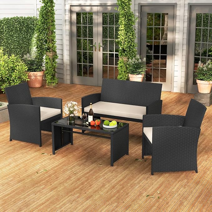 RELAX4LIFE 4-Piece Patio Furniture Set - Wicker Rattan Outdoor Sectional Sofa Set w/Glass Coffee Table, Loveseat, 2 Chairs & Soft Cushions, Bistro Conversation for Garden Porch (1, Black-White)