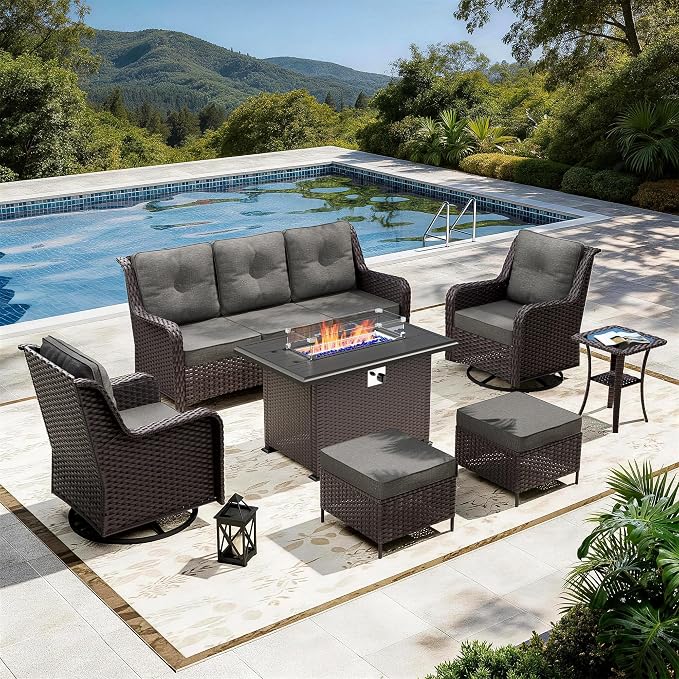 7-Piece Patio Furniture Set,Outdoor Conversation Sets w/Fire Pit Table&High Back Wicker Swivel Rocker Chairs,All-Weather Wicker Sectional Sofa for Deck,Yard and Poolside,Grey