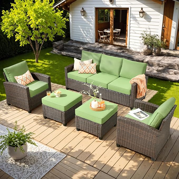 ovios 5 Pieces Patio Furniture Set, Outdoor Wicker Sofa Couch with Chairs Comfy Cushions, All Weather Brown Rattan Conversation Set for Backyard Deck Porch, Green