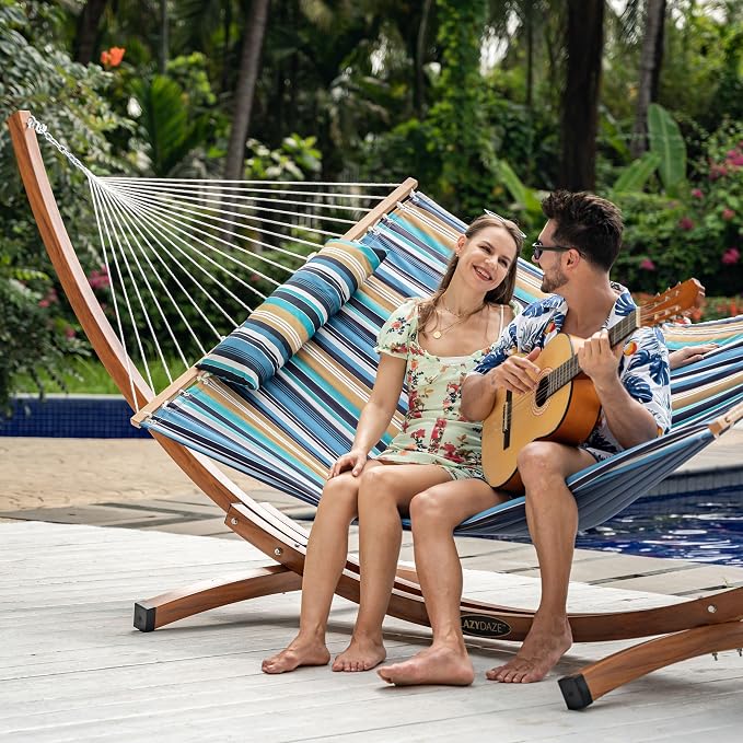 Lazy Daze Hammocks 10.5FT 2 Person Double Quilted Fabric Hammock with Spreader Bar, Detachable Pillow, Side Pocket, Carabiners, Chains, Straps for Outdoor, 450lbs Capacity, Beach Stripes