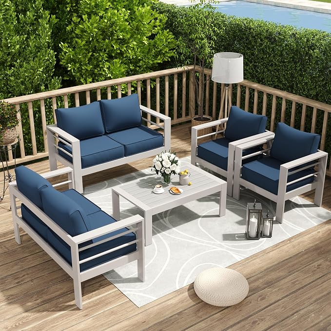 Amopatio Aluminum Patio Furniture Set, 7 Pieces Modern Patio Conversation Sets, Outdoor Sectional Metal Sofa with Coffee Table for Balcony, Garden, White&Blue (Included Waterproof Covers)