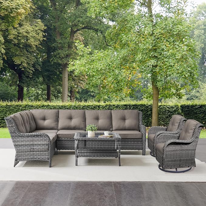 Belord Patio Furniture Set 6 Seats, Oversized Outdoor Sectional Couch, Two 3-Seater Sofas with Coffee Table, Patio Conversation Sets,Ideal for Porch, Deck, Gray Wicker/Gray