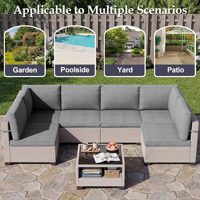 Patio Furniture Set, 8-Piece Outdoor Sectional Sofa with 60,000 BTU Fire Pit Table & 2-Layer Glass Coffee Table, Wicker Patio Conversation Set with Gray Cushions