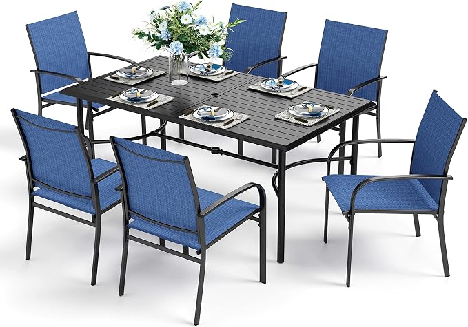 HERA'S HOUSE 7pc Outdoor Patio Dining Set, 6 Textilene Chairs, Blue | 67" rectangular metal table with umbrella hole. Waterproof, rust-resistant, all-weather for backyard, porch