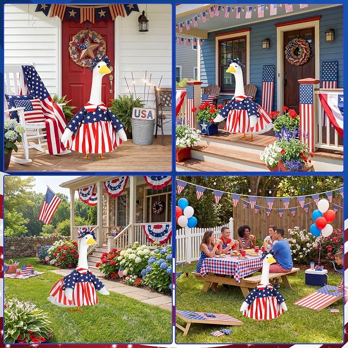 Abbylike 4th of July Porch Goose Outfit Patriotic Goose Outfit 250th Red White and Blue Yard Geese Costume Clothes Fits Large 23'' Cement Statue for Independence Day Patio Garden Art Decoration