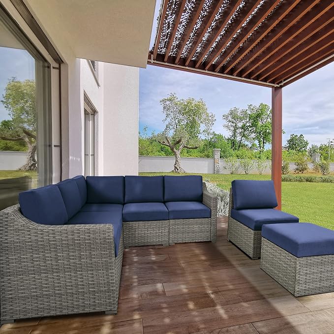HAPPATIO 10 Piece Patio Conversation Set,Patio Furniture Set with Multiple Configuration Options,Rattan Wicker Outdoor Sectional Sofa with Thick Cushions. Easy Setup. (Gray/Blue)