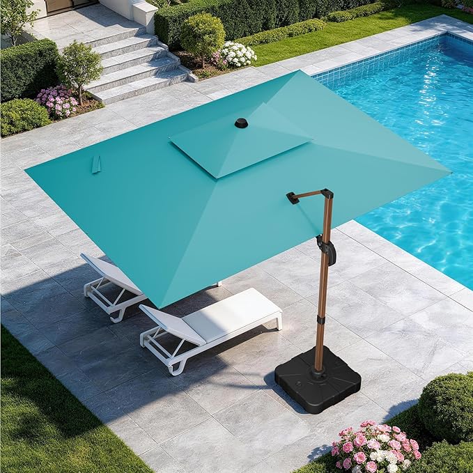 GENTEACO 10x13FT Rectangle Cantilever Patio Umbrella w/Base Included, Deluxe Wood Pattern Pole & 7 Angle Tilts, 360° Rotation, Offset Hanging Market Umbrellas for Garden Pool Patio, Turquoise Blue