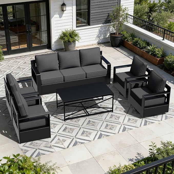 Outdoor Aluminum Furniture Set, 6-Piece Patio Conversation Set, 2 Swivel Chairs, 2 Chairs,1 Sofa and 1 Table, All-Weather Metal Frame, 6" Thick Removable Cushions, Deep Setting for Garden, Porch