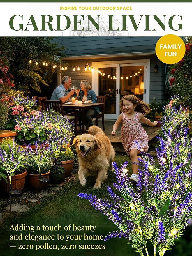 GIGALUMI Solar Garden Lights with Lavender, LED Garden Decor Carefree Solar Flowers Outdoor Waterproof, Yard Decorations Outdoor, Allergy-Free Everlasting Light up Flowers for Yard Patio (Set of 4)