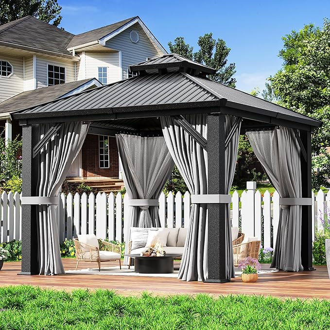 AirWire 10'x10' Outdoor Gazebo Hardtop Grill Gazebo Aluminum Galvanized Steel Double Roof Outdoor Pergola Include Curtain and Netting for Backyard, Patio, Lawn