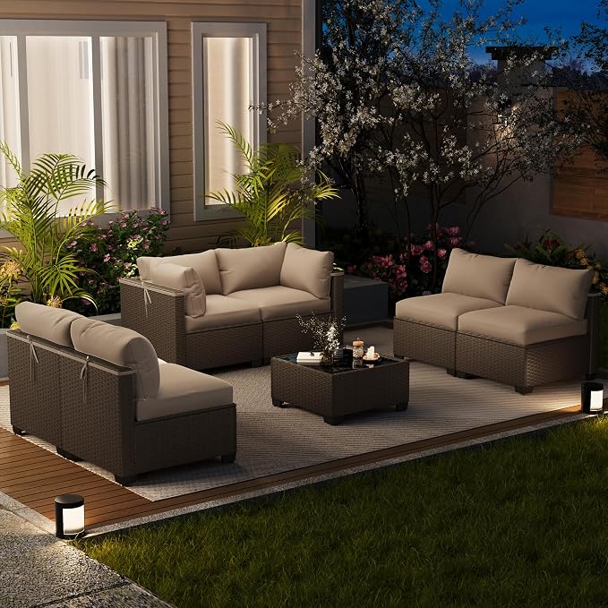 LOUVIXA 7 Piece Outdoor Patio Furniture Set, Outdoor Sectional Sofa, Wicker Rattan Patio Furniture, Patio Conversation Set with Coffee Table & Cushions