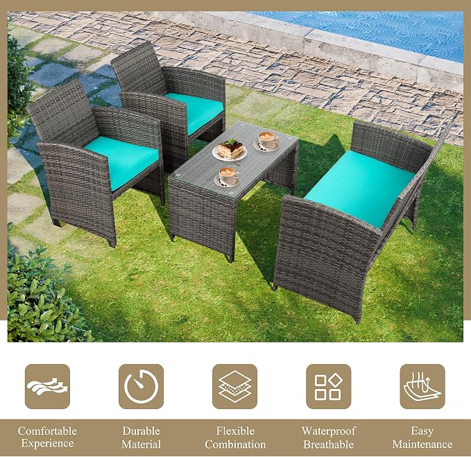JAMFLY 4 Piece Outdoor Patio Furniture Set, Outdoor Wicker Rattan Chairs Conversation Sets with Cushions & Coffee Table for Outside, Garden, Balcony, Porch, Blue