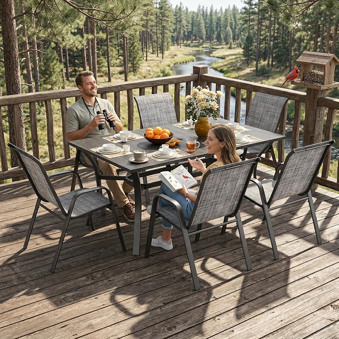 KEIKI 7-Piece Outdoor Patio Dining Set, Waterproof Patio Table and Chairs for 6, Rectangular Metal Table with Umbrella Hole for Lawn Garden Backyard, Blush+Grey