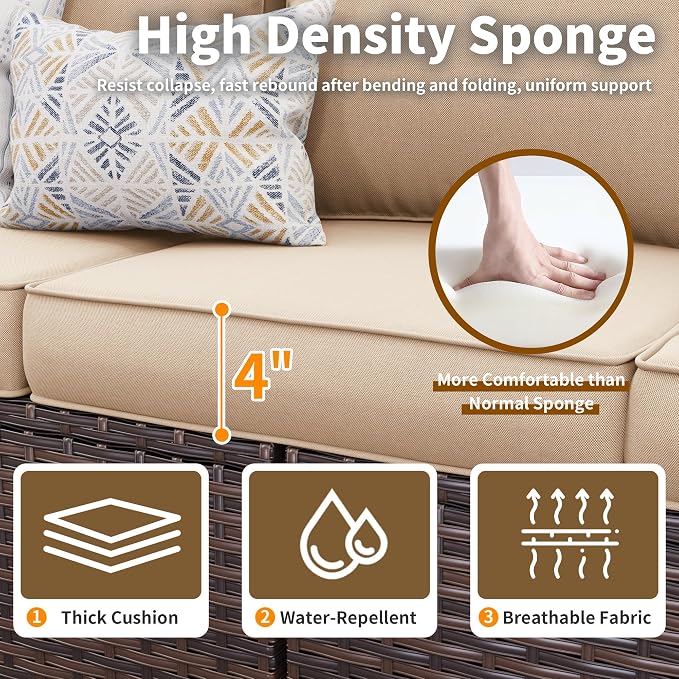 Patio Furniture Set, 6 Pcs Patio Outdoor Sectional, Wicker Outdoor Couch with Swivel Chair, Ottomans, Side Table, 4" Thick Cushion, for Garden Backyard Deck,Khaki