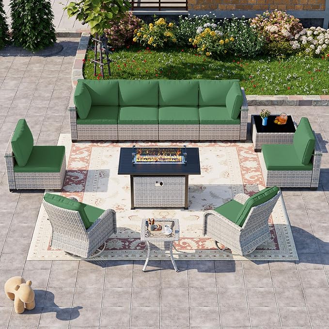 11-Piece Patio Furniture Set, Outdoor Patio Furniture with 55,000 BTU Fire Pit Table, Swivel Chairs Set, Thick Cushions, Modular Patio Sofa, Dual-Strand Wicker Rattan, Rust-Resistant Frame, Dark Green
