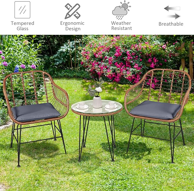 COSTWAY 3 Pieces Patio Bistro Set, Outdoor Rattan Conversation Seating Chair Set with Coffee Table & Soft Cushions, Indoor Wicker Furniture Set for Garden, Balcony, Porch, Pool, Gray