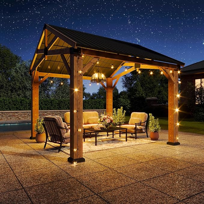 Aoxun 10' x 12' Outdoor Wood Gazebo with 20" Ceiling Fan with Light, Hardtop Gazebo Permanent Wooden Pavilion with Galvanized Steel Gable Roof, for Patio, Garden, Backyard, Cedar Wood