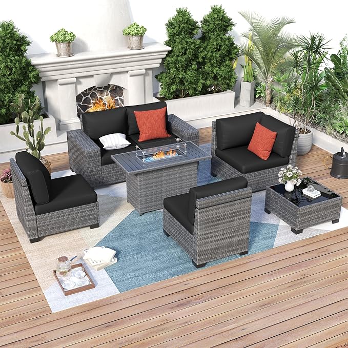 Outdoor Patio Furniture Set with Fire Pit Table, Wide Outdoor Sectional Rattan Sofa Set, Wicker Patio Conversation Set w/Cover for Deck, Poolside, Porch, 7 PC (Grey & Black)