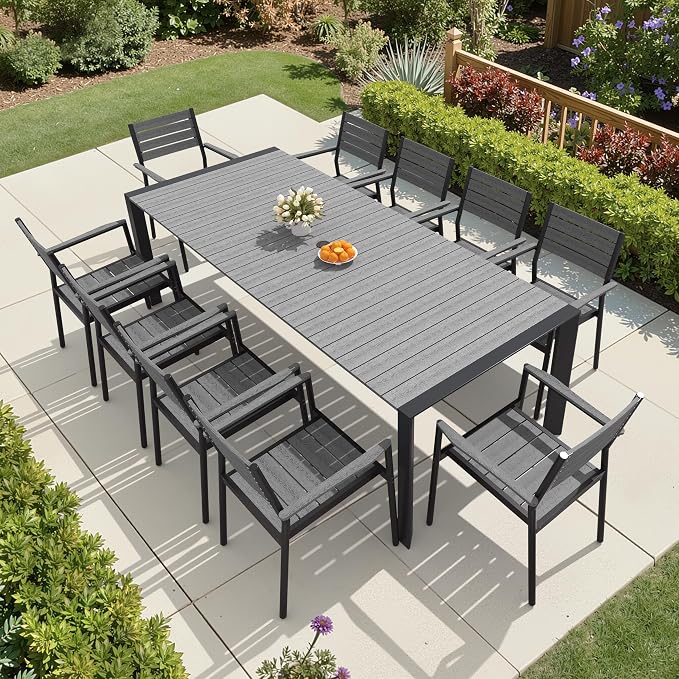 11-Piece Outdoor Dining Set, 95" Patio Table and Stackable Armchairs | Aluminum Frame Adjustable Umbrella Hole & All-Weather Wood Grain Tabletop for Garden, Patio, Backyard (Grey)
