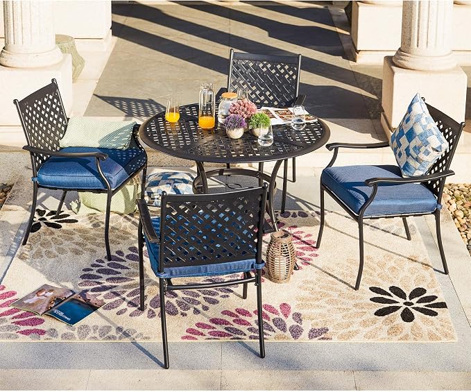 LOKATSE HOME Patio Dining Chairs Set of 4, Stackable Metal Wrought Iron Outdoor Chairs with Armrests & Thick Blue Cushions, All-Weather Heavy Duty Furniture for Garden, Backyard, Deck & Balcony