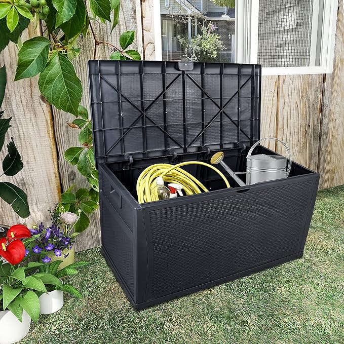Spaco 113gal120gal Outdoor Garden Plastic Storage Deck Box Outdoor Patio Garden Furniture Lockable Seat Waterproof for Indoor, Outdoor, Garden, Courtyard (Black, 120gal)