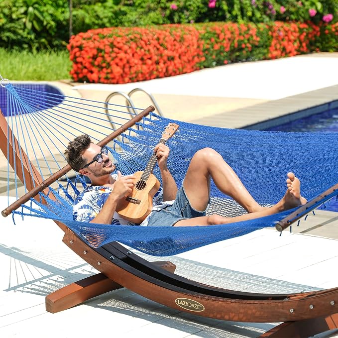 Lazy Daze Hammocks 10.5 FT Double 2 Person Caribbean Rope Hammock, Hand Woven Polyester Hammock with Spreader Bars, for Outside Outdoor Backyard Patio Poolside, 450 LBS Capacity, Blue
