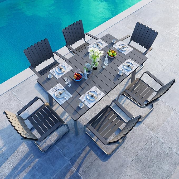 7 Pieces Outdoor Dining Set for 6, Patio Table and Chairs Set with Umbrella Hole, All-Weather HDPE Outdoor Furniture Sets for Backyard Poolside Lawn Garden (Charcoal)