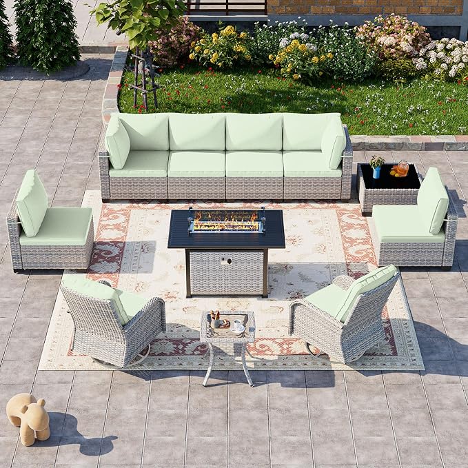 11-Piece Patio Furniture Set, Outdoor Patio Furniture with 55,000 BTU Fire Pit Table, Swivel Chairs Set, Thick Cushions, Modular Patio Sofa, Dual-Strand Rattan, Rust-Resistant Frame, Light Green